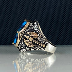 Blue Ax Aquamarine Gemstone 925 Sterling Silver Vikings Ring