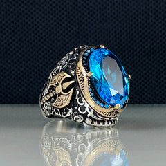 Blue Ax Aquamarine Gemstone 925 Sterling Silver Vikings Ring