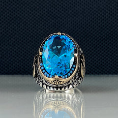 Blue Ax Aquamarine Gemstone 925 Sterling Silver Vikings Ring