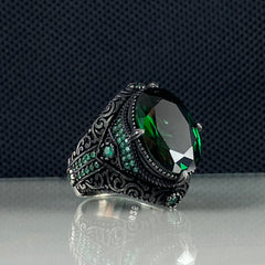 Emerald 925 Sterling Silver Men Handmade Green Ring