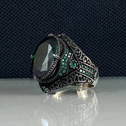 Emerald 925 Sterling Silver Men Handmade Green Ring