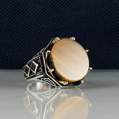 Round Tiger Eye Gemstone 925 Sterling Silver Men Handmade Ring