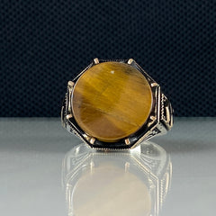 Round Tiger Eye Gemstone 925 Sterling Silver Men Handmade Ring