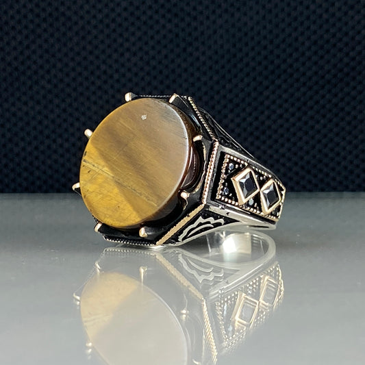 Round Tiger Eye Gemstone 925 Sterling Silver Men Handmade Ring