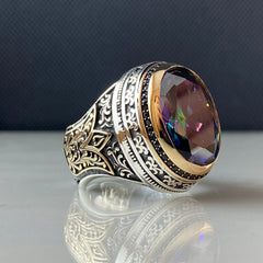 Mystic Topaz Gemstone 925 Sterling Silver Men Handmade Ring