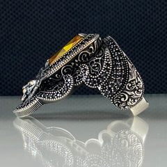 Citrine Stone Lion Animal Archer Thumb 925 Sterling Silver Ring