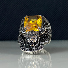 Citrine Stone Lion Animal Archer Thumb 925 Sterling Silver Ring