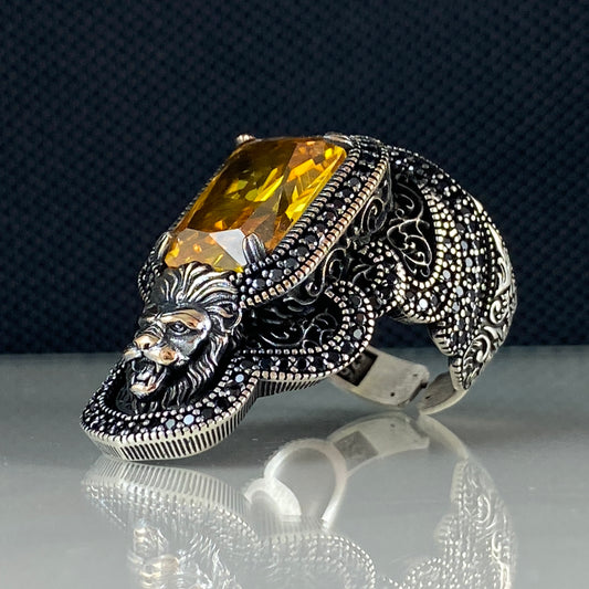 Citrine Stone Lion Animal Archer Thumb 925 Sterling Silver Ring