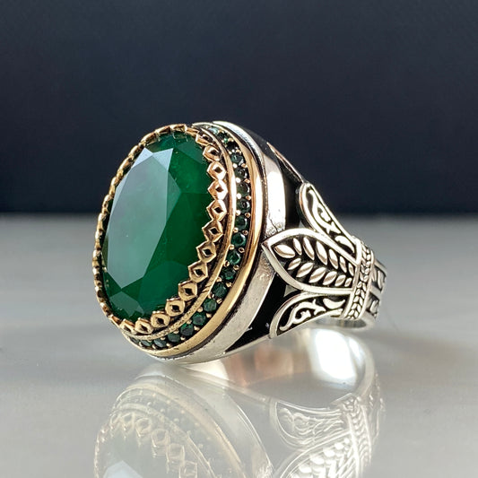 Anillo de plata maciza de piedra esmeralda 925, anillo de piedra preciosa esmeralda verde 