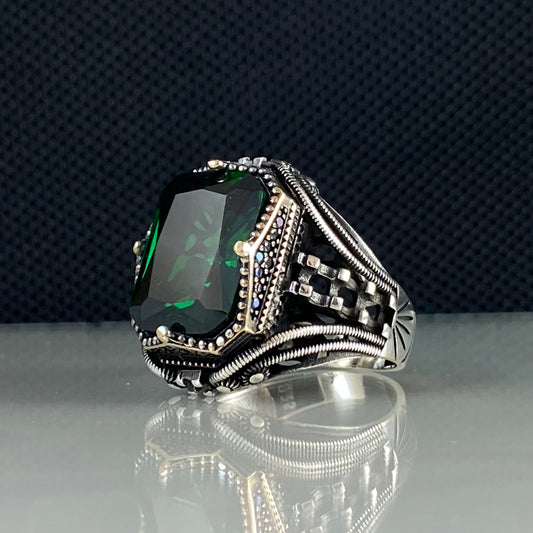 Anillo de plata maciza de piedra esmeralda 925, anillo de piedra preciosa esmeralda verde 