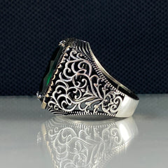 Green Emerald Stone 925 Sterling Silver Men Handmade Ring