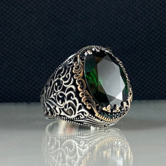 Green Emerald Stone 925 Sterling Silver Men Handmade Ring