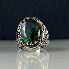 Green Emerald Stone 925 Sterling Silver Men Handmade Ring