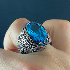 Blue Aquamarine Stone 925 Sterling Silver Men Handmade Ring