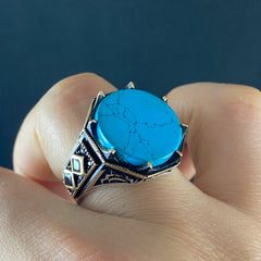 Round Blue Turquoise Gemstone 925 Sterling Silver Men Handmade Ring