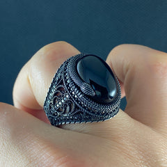 Lion Black Onyx Stone 925 Silver Men Handmade Ring