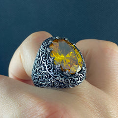 Yellow Citrine Gemstone 925 Sterling Silver Men Handmade Ring