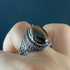 Brown Stone 925 Sterling Silver Men Handmade Tiger Eye Ring