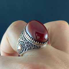 Classic Red Agate Stone 925 Sterling Silver Men Handmade Turkish Ring