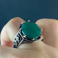 Round Green Agate Gemstone 925 Solid Silver Men Handmade Ring