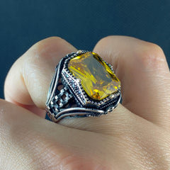 Yellow Citrine Gemstone 925 Sterling Silver Men Handmade Ring