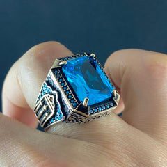 Blue Color Aquamarine Gemstone 925 Sterling Silver Men Ring