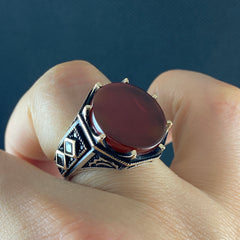 Round Red Agate Stone 925 Sterling Silver Men Handmade Ring