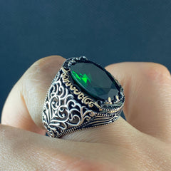 Green Emerald Stone 925 Sterling Silver Men Handmade Ring