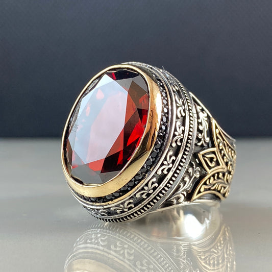 Oval Red Ruby Gemstone 925 Sterling Silver Men Handmade Ring