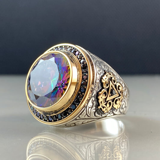 Round Mystic Topaz Turkish Handmade 925 Sterling Silver Men Ring