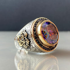 Round Mystic Topaz Turkish Handmade 925 Sterling Silver Men Ring