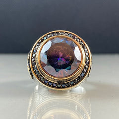 Round Mystic Topaz Turkish Handmade 925 Sterling Silver Men Ring