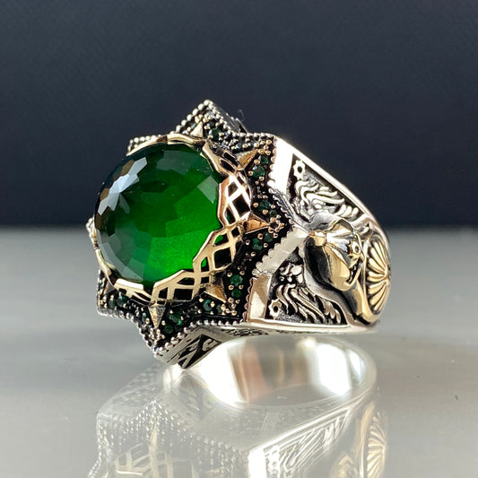 Islamic Green Mosque 925 Solid Silver Men Ring Emerald Stone