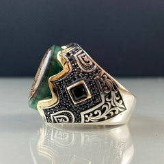 Green Islamic Seal Of Solomon 925 Solid Silver Vintage Ring