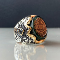 Green Islamic Seal Of Solomon 925 Solid Silver Vintage Ring