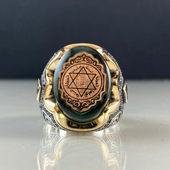 Green Islamic Seal Of Solomon 925 Solid Silver Vintage Ring