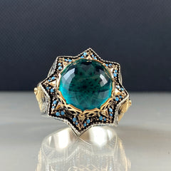 Large Round Stone Aquamarine 925 Sterling Silver Mosque Islamic Ring