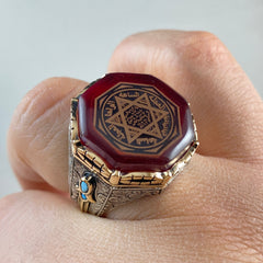 Red Agate Seal Of Solomon 925 Solid Silver Men Vintage Handmade Ring