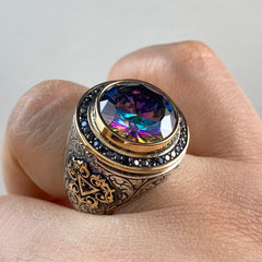 Round Mystic Topaz Turkish Handmade 925 Sterling Silver Men Ring