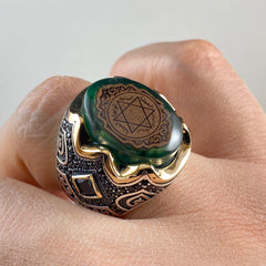 Green Islamic Seal Of Solomon 925 Solid Silver Vintage Ring