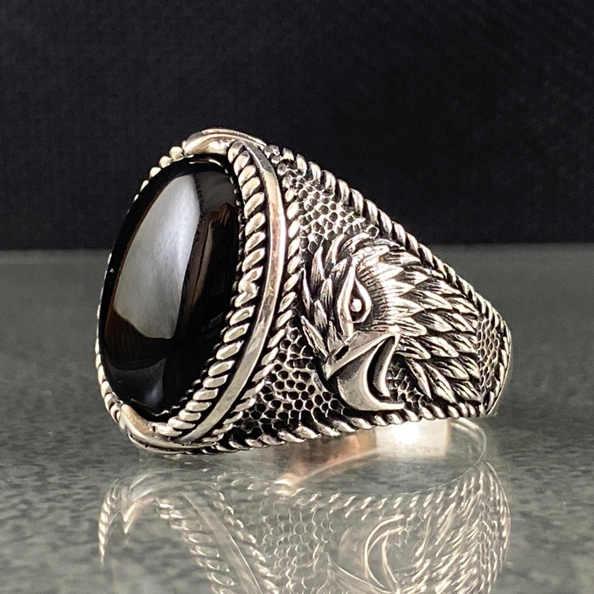 Oval Black Onyx Gemstone Eagle Animal 925 Sterling Silver Handmade Ring