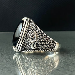 Oval Black Onyx Gemstone Eagle Animal 925 Sterling Silver Handmade Ring