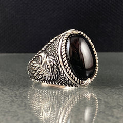 Oval Black Onyx Gemstone Eagle Animal 925 Sterling Silver Handmade Ring