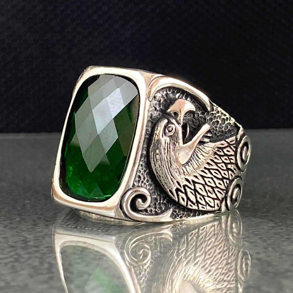 Eagle Emerald Stone 925 Sterling Silver Handmade Men Ring