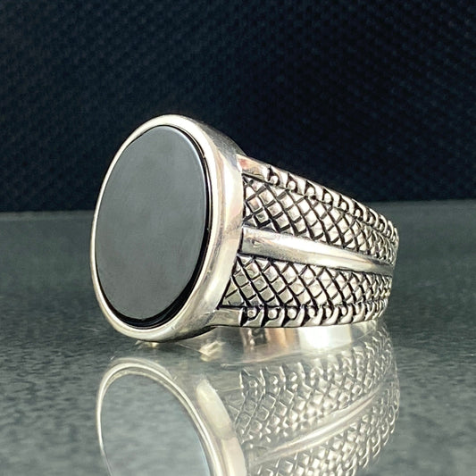 Oval Black Onyx Stone 925 Sterling Silver Handmade Men Ring