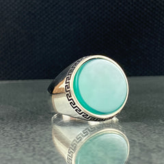 Round Green Agate Gemstone 925 Sterling Silver Handmade Men Ring