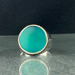 Round Green Agate Gemstone 925 Sterling Silver Handmade Men Ring