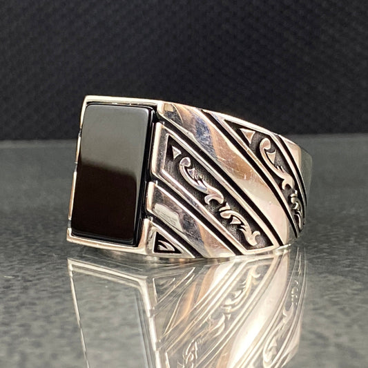 Square Black Onyx Stone 925 Sterling Silver Handmade MEn Ring