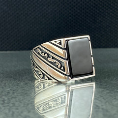 Square Black Onyx Stone 925 Sterling Silver Handmade MEn Ring