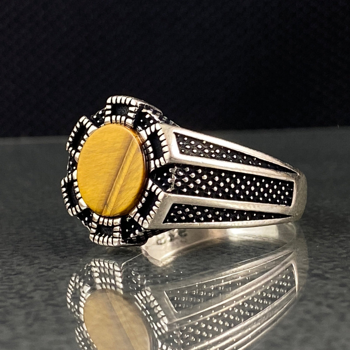 Round Tiger Eye Gemstone 925 Sterling Silver Men Ring